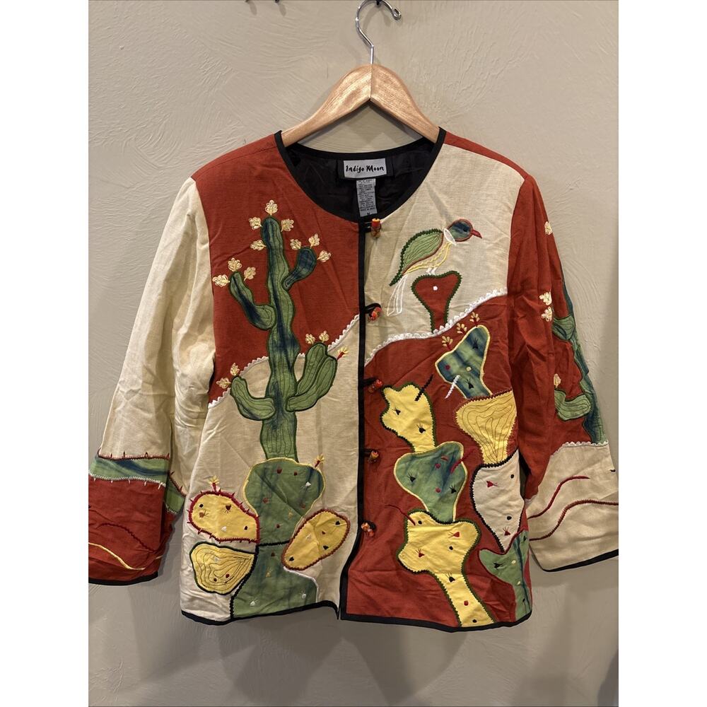 Indigo Moon Jacket‎ Size M Button Front Embroidered Cactus Art-to-Wear Vintage